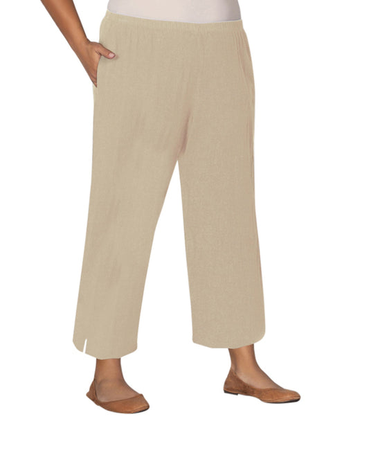 Front of Linen Pull On Wide Leg Plus Size Flood Pants | 026 OTPS Khaki