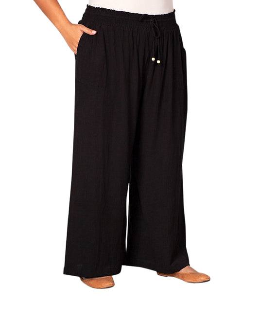 Front of Wide Leg Drawstring Linen Plus Size Pants | 001 OTPS Black