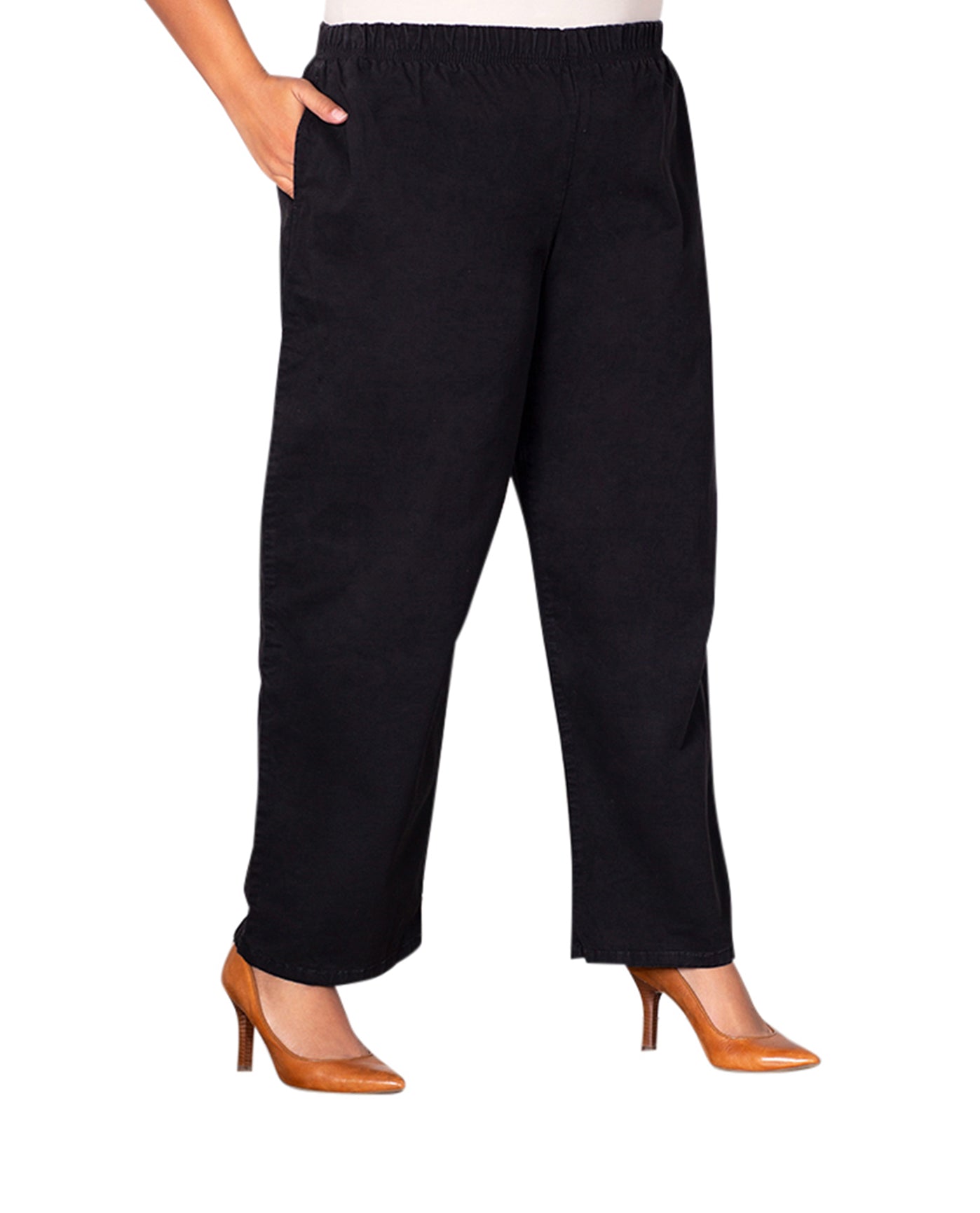 Front of Wide Leg Stretch Cotton Twill Plus Size Pants | 001 OTPS Black