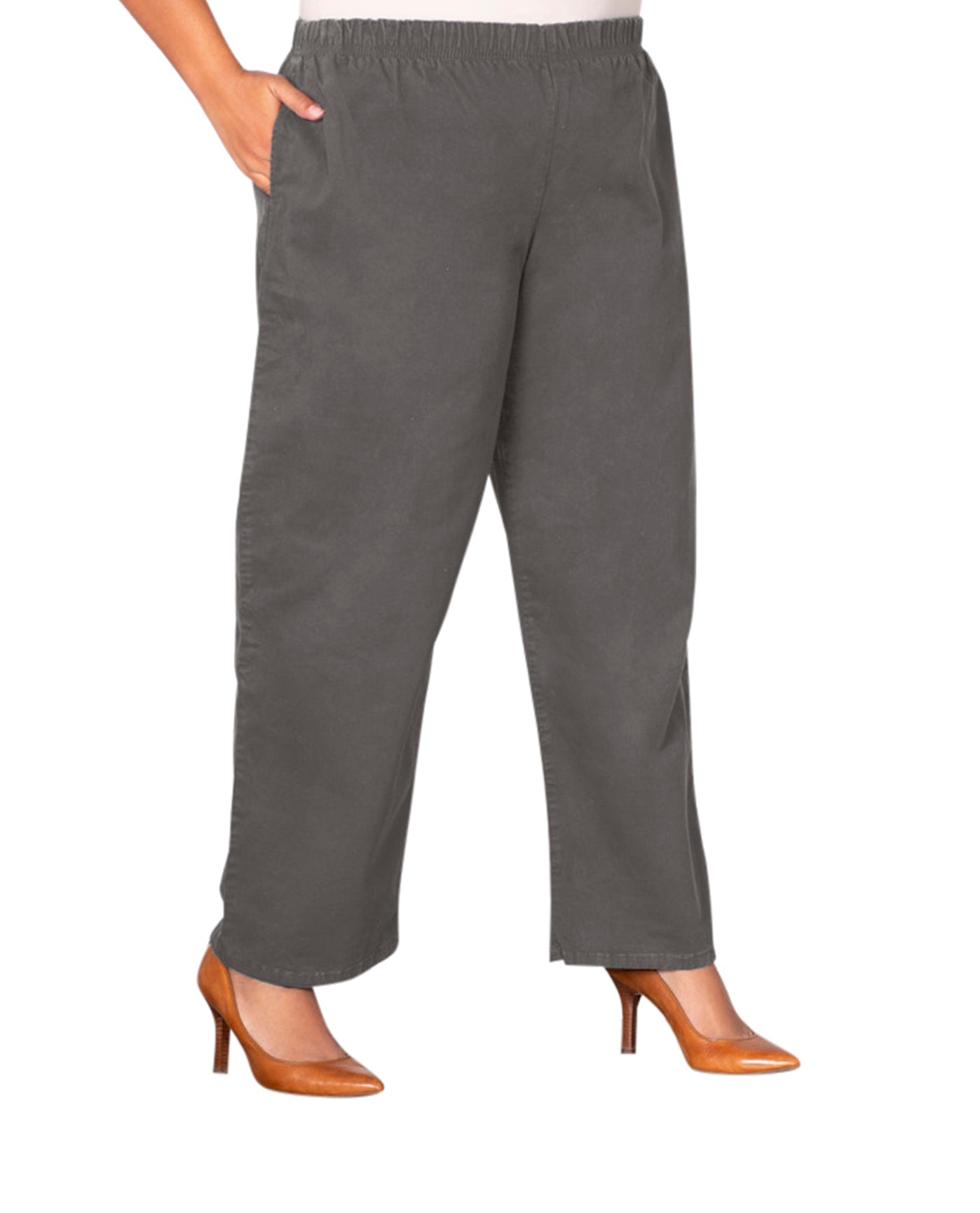 Front of Wide Leg Stretch Cotton Twill Plus Size Pants | 015 OTPS Gray