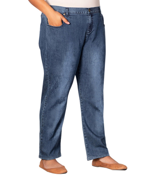 Front of Premium Relaxed Leg Five Pocket Cotton-Blend Denim Plus Size Jeans | 021 OTPS Medium Wash Denim