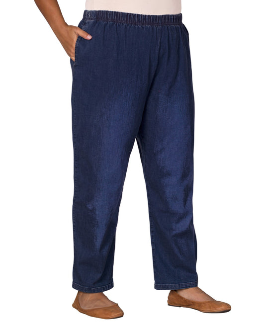 Front View of On The Plus Side Dark Wash Wide Leg Premium Cotton-Blend Denim Plus Size Jeans | 022 OTPS DARK WASH DENIM