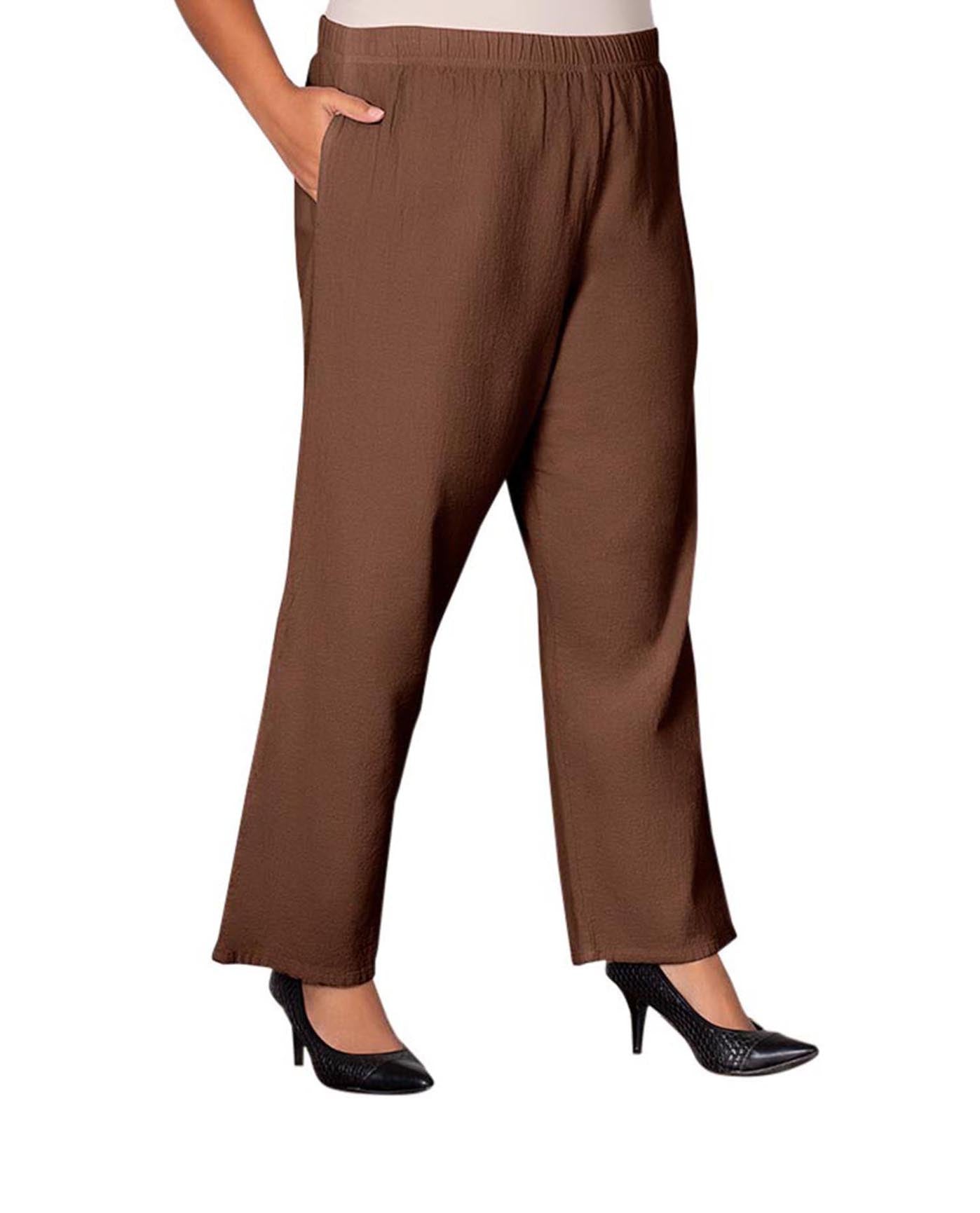 Front of Wide Leg Crinkle Cotton Plus Size Pants | BROWN OTPS Brown