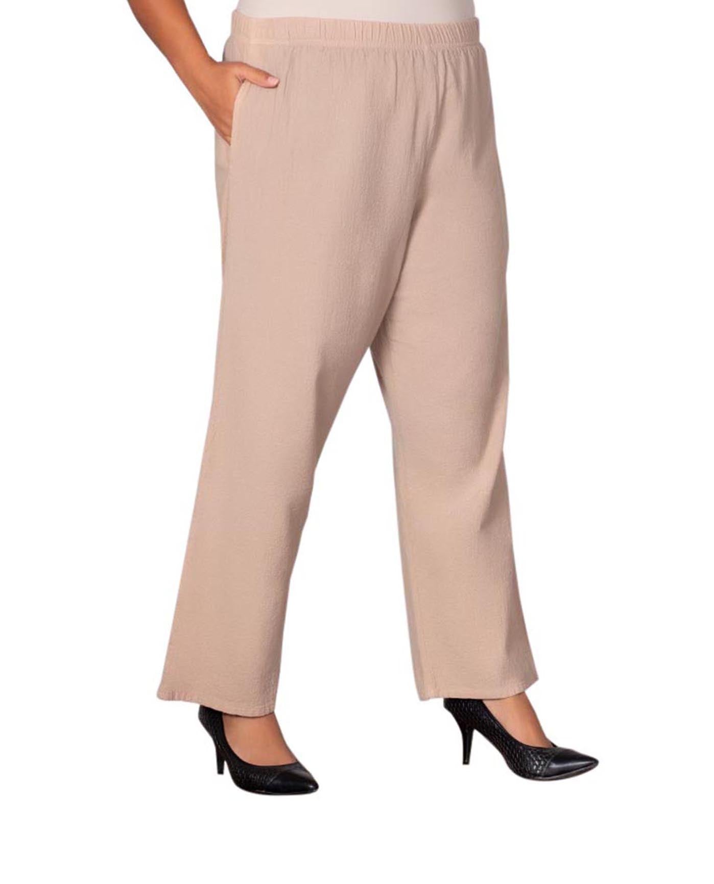 Front of Wide Leg Crinkle Cotton Plus Size Pants | TAN OTPS Tan