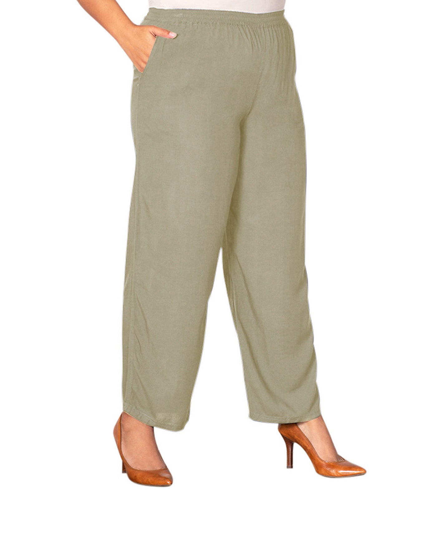 Front of Essential Wide Leg Rayon Plus Size Pants | KHAKI OTPS Khaki