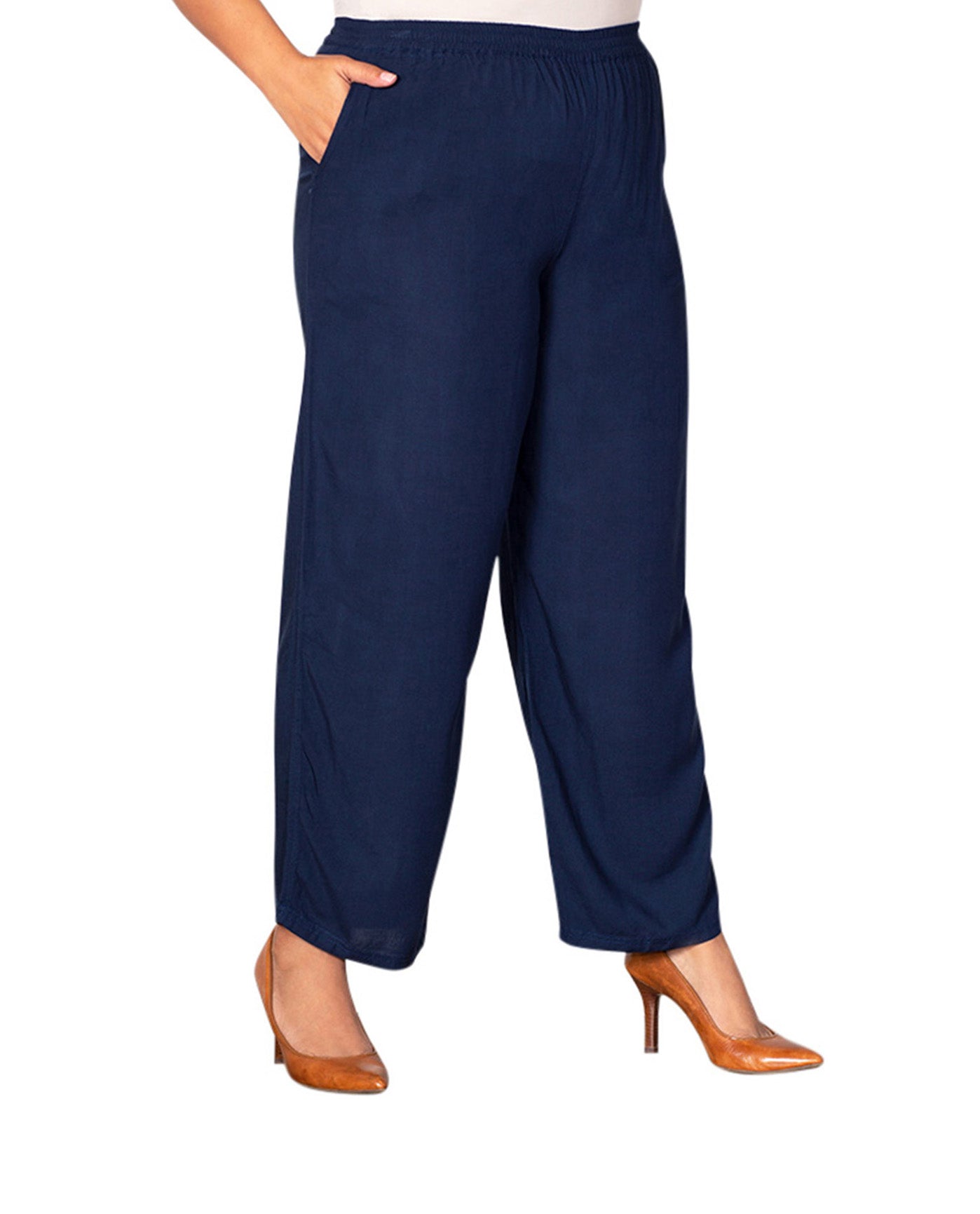 Front of Essential Wide Leg Rayon Plus Size Pants | NAVY OTPS Navy