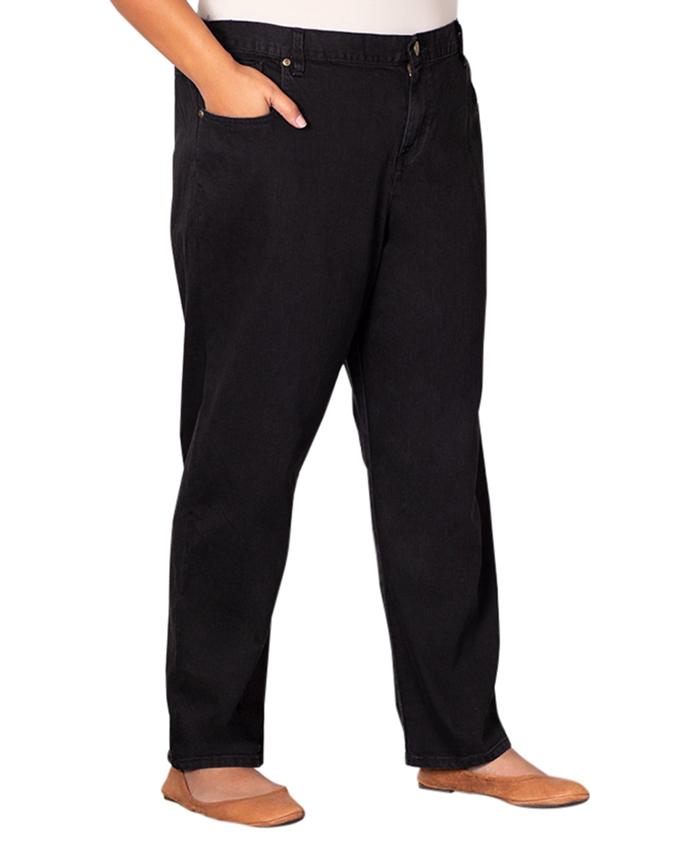 Front View of On The Plus Side Black Denim Five Pocket Relaxed Fit Jeans | OTPS BLACK