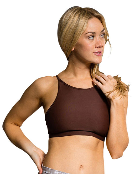 Front View of Onzie Chocolate Spirit Low Impact Sports Bra | ONZ CHOCOLATE
