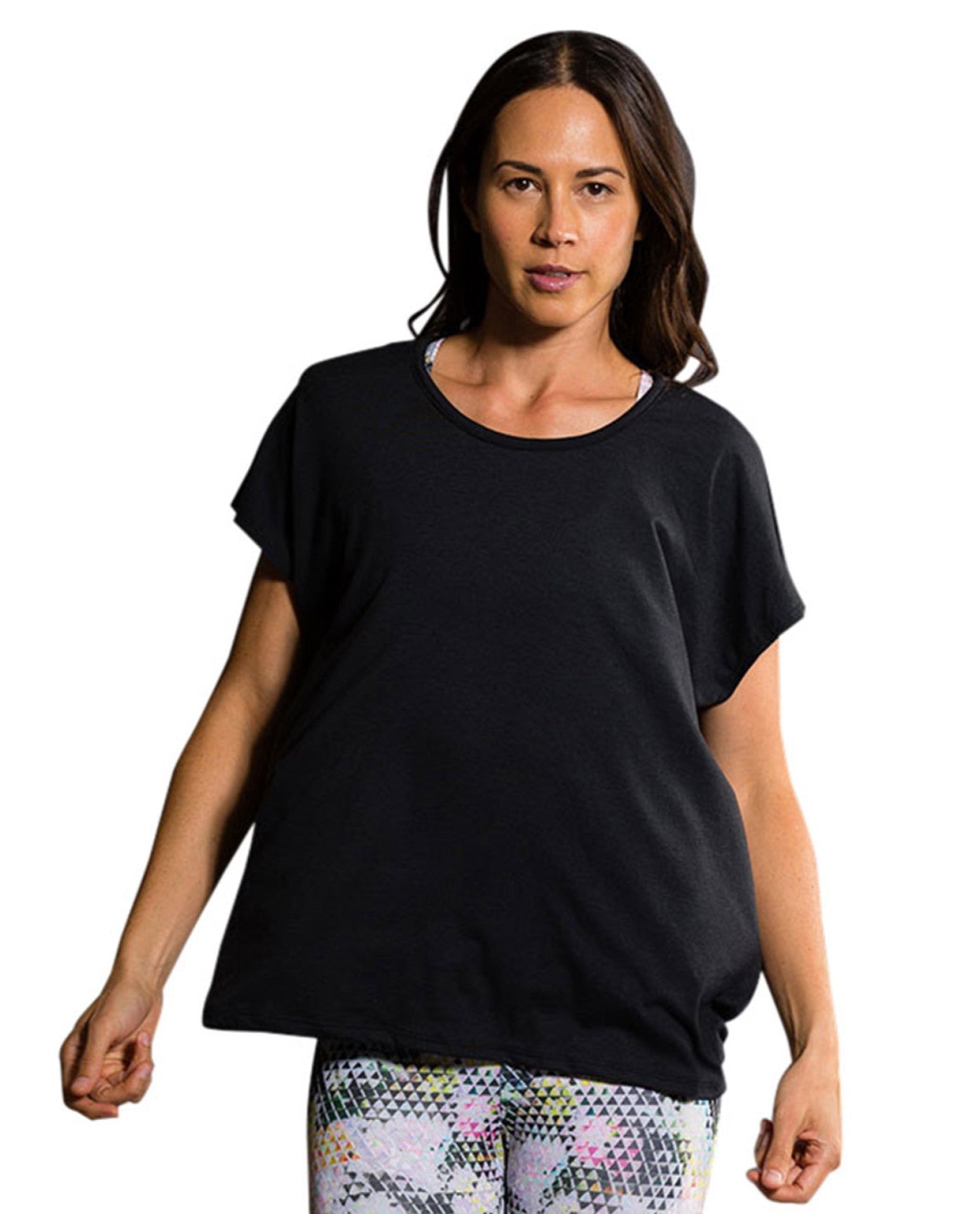 Front View of Onzie Black Short Sleeve Drop Back Top | ONZ BLACK