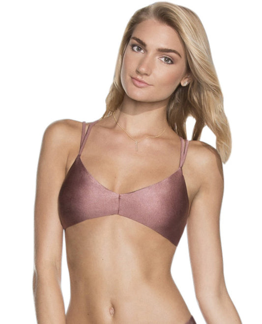 Alternate Front View of Maaji Shimmering Cognac Reversible Porto Bralette Strappy Back Bikini Top |  MAA COGNAC