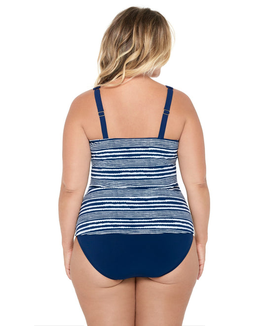 Back View of Christina Azzurra Stripe Plus Size Lace V-Neck Tankini Top |  CHR NAVY