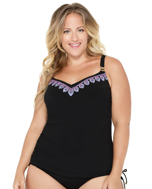 Front View of Christina Wanderlust Embroidery Plus Size D-Cup Underwire Tankini Top |  CHR BLACK