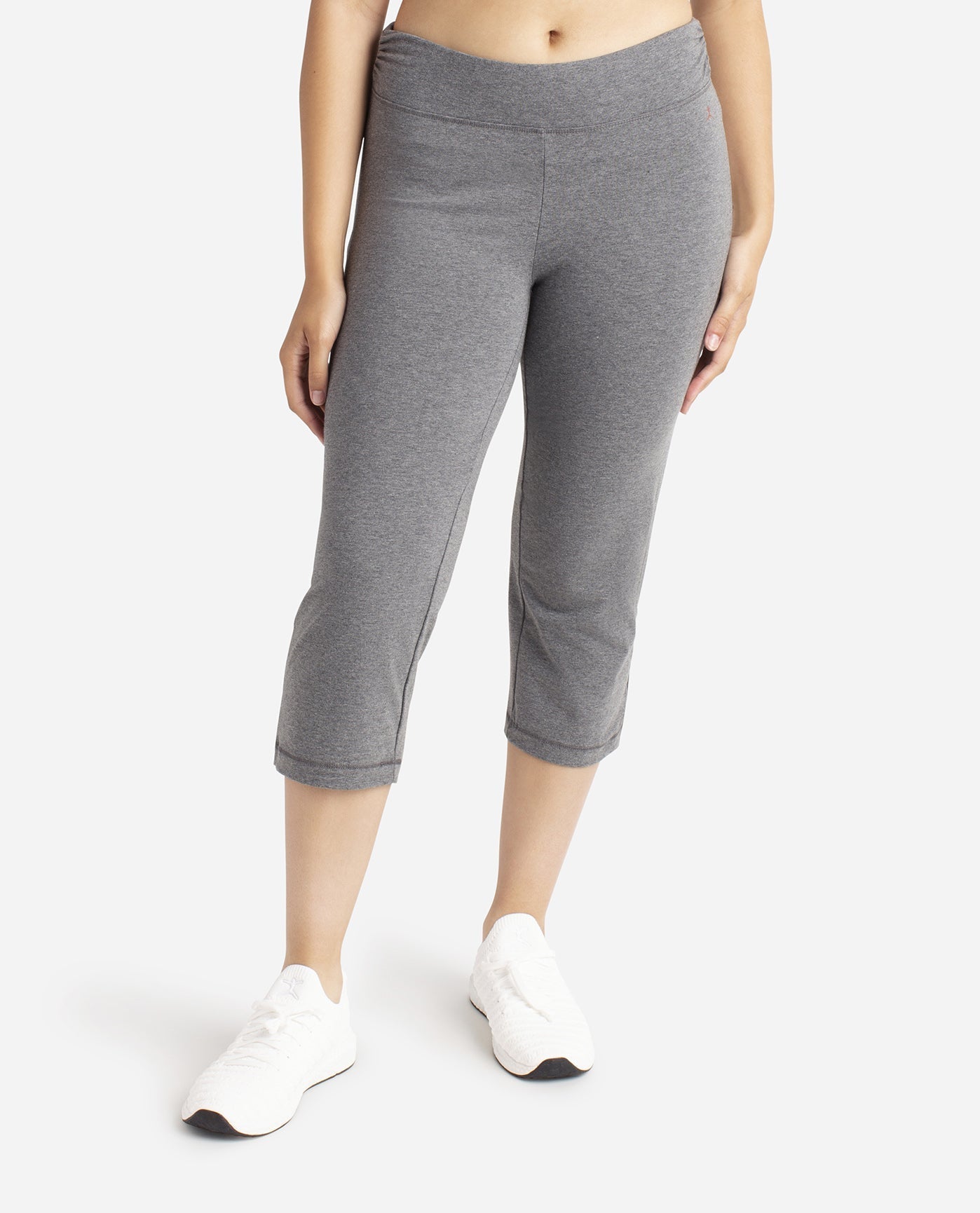Front View of Danskin Charcoal Grey Heather Sleek Fit Crop Pant | DSK CHARCOAL GREY HEATHER