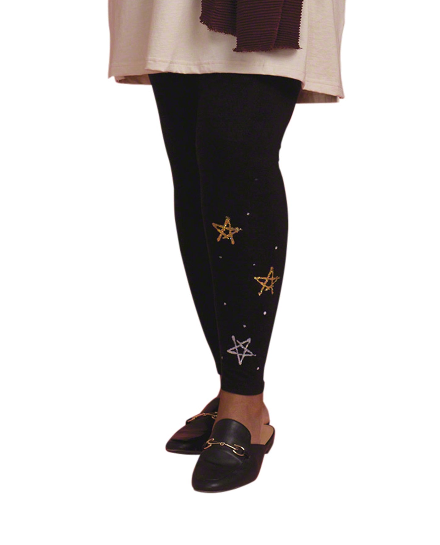 Front of Hand-Painted Cotton Plus Size Leggings | STAR OTPS Black Star