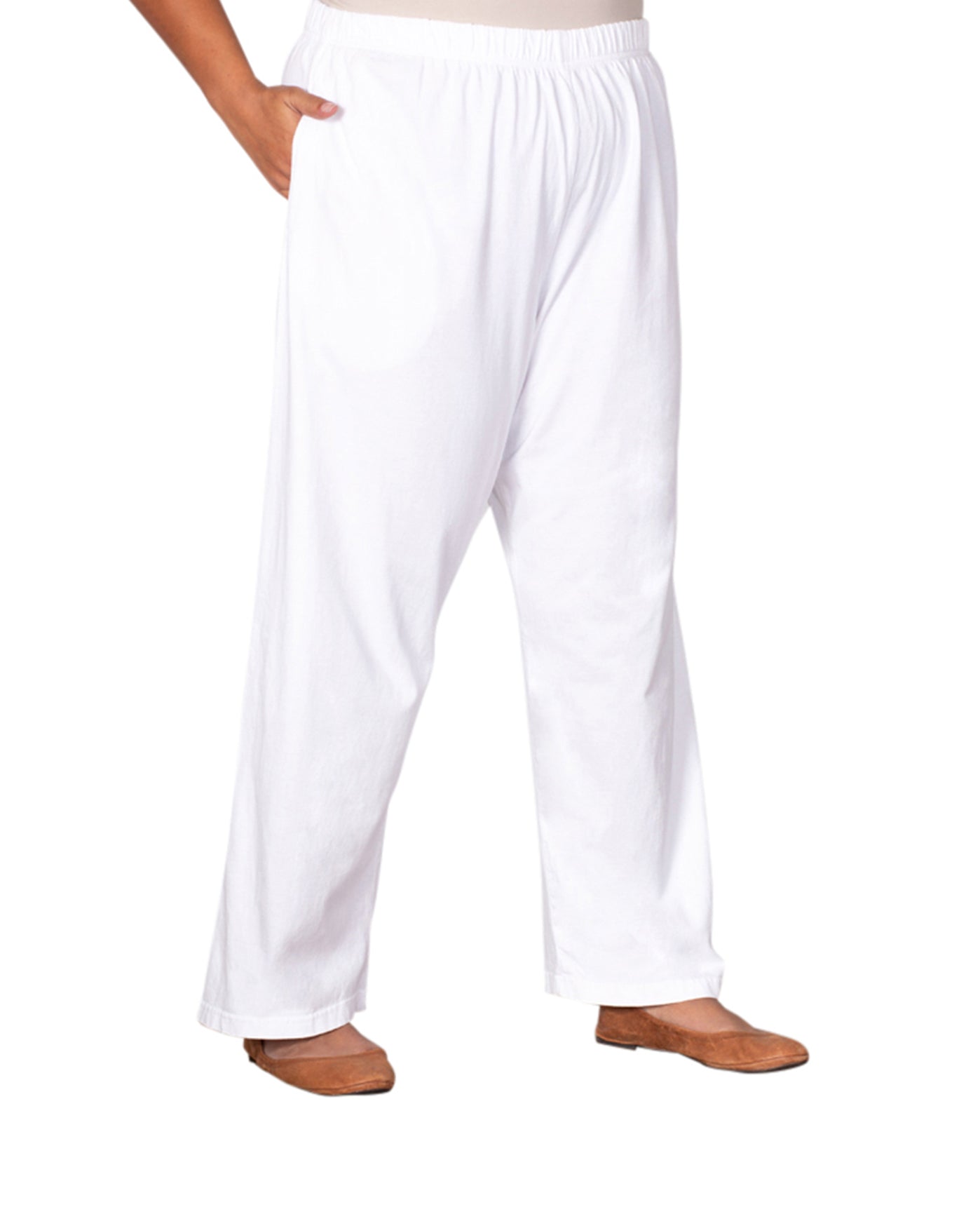 Front of 100% Cotton Wide Leg Plus Size Pants | WHITE OTPS White