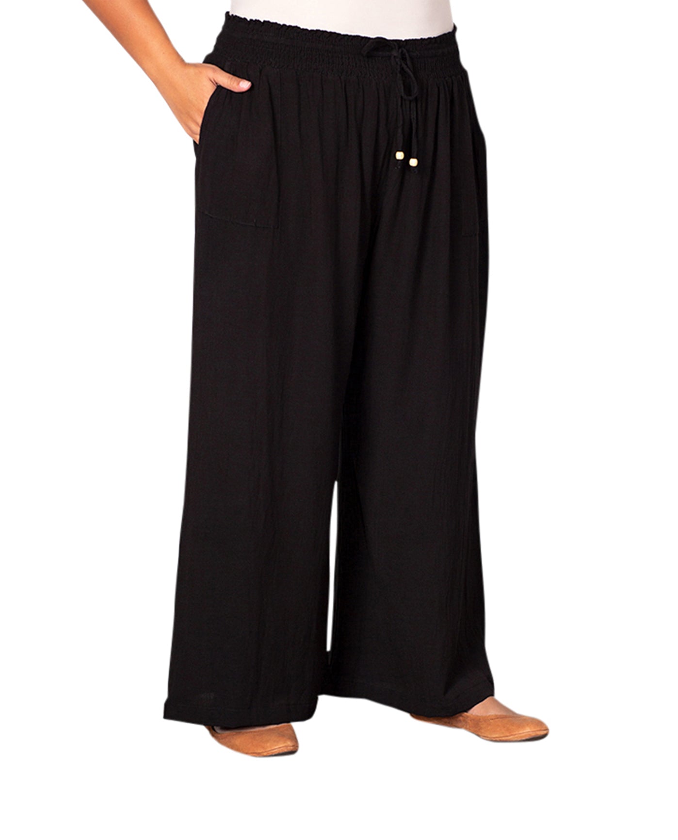 Front of Solid Drawstring Cotton Rayon Plus Size Pants | BLACK OTPS Black