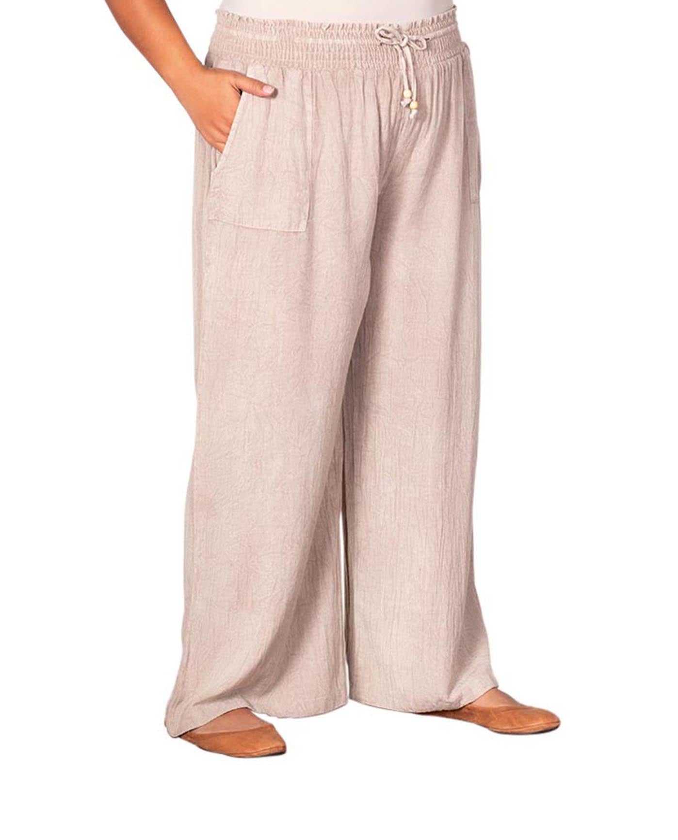 Front of Solid Drawstring Cotton Rayon Plus Size Pants | NATUR OTPS Natural