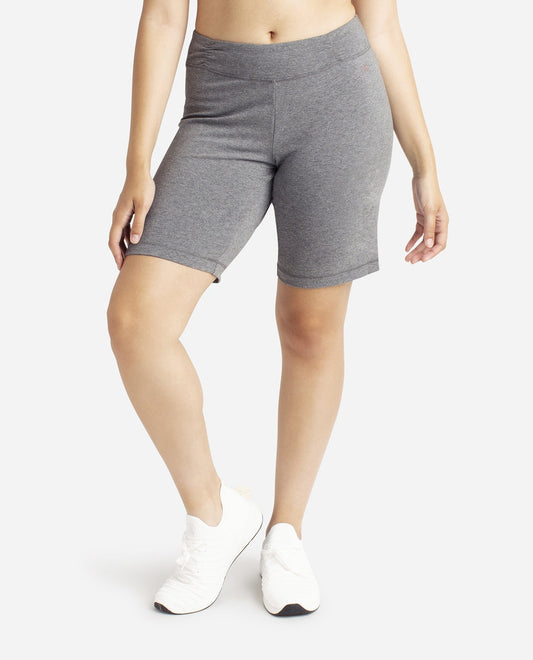 Front View Of Danskin Charcoal Grey Heather Essential Side Shirred Bermuda Short | DSK CHARCOAL GREY HEATHER