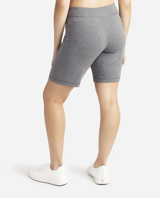 Back View Of Danskin Charcoal Grey Heather Essential Side Shirred Bermuda Short | DSK CHARCOAL GREY HEATHER