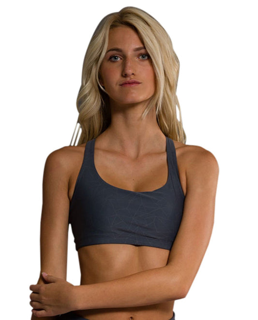 Front View of Onzie Slate Grey Geo Chic Low Impact Sports Bra | ONZ GREY