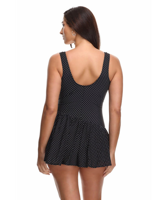 Back View of Miraclesuit Pin Point Plus Size Aurora Underwire Swimdress | MIR BLACK AND WHITE
