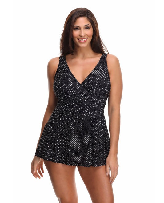 Front View of Miraclesuit Pin Point Plus Size Aurora Underwire Swimdress | MIR BLACK AND WHITE