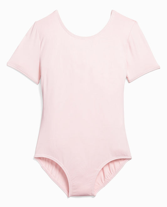 Front View of Danskin Girls Petal Pink Nylon Short Sleeve Leotard | DSK Petal Pink
