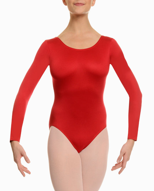 Front View of Danskin Red Scoopneck Long Sleeve Leotard | DSK RED