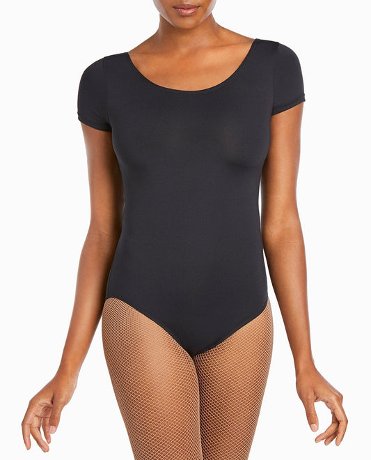 Front View of Danskin Black Scoopneck Short Sleeve Leotard | DSK BLACK