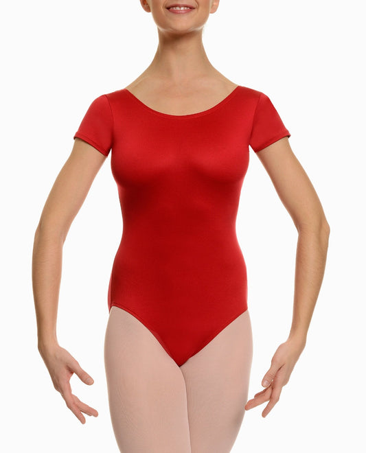 Front View of Danskin Plus Size Red Scoopneck Short Sleeve Leotard | DSK Red