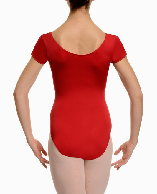 Back View of Danskin Plus Size Red Scoopneck Short Sleeve Leotard | DSK Red