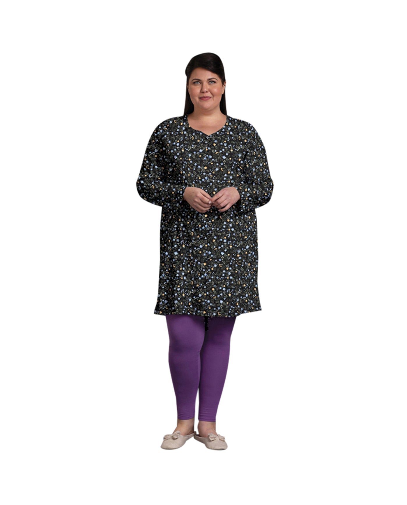 Front of 100% Cotton Long Sleeve Sleep Plus Size Top | 201 OTPS Black Ditsy Floral