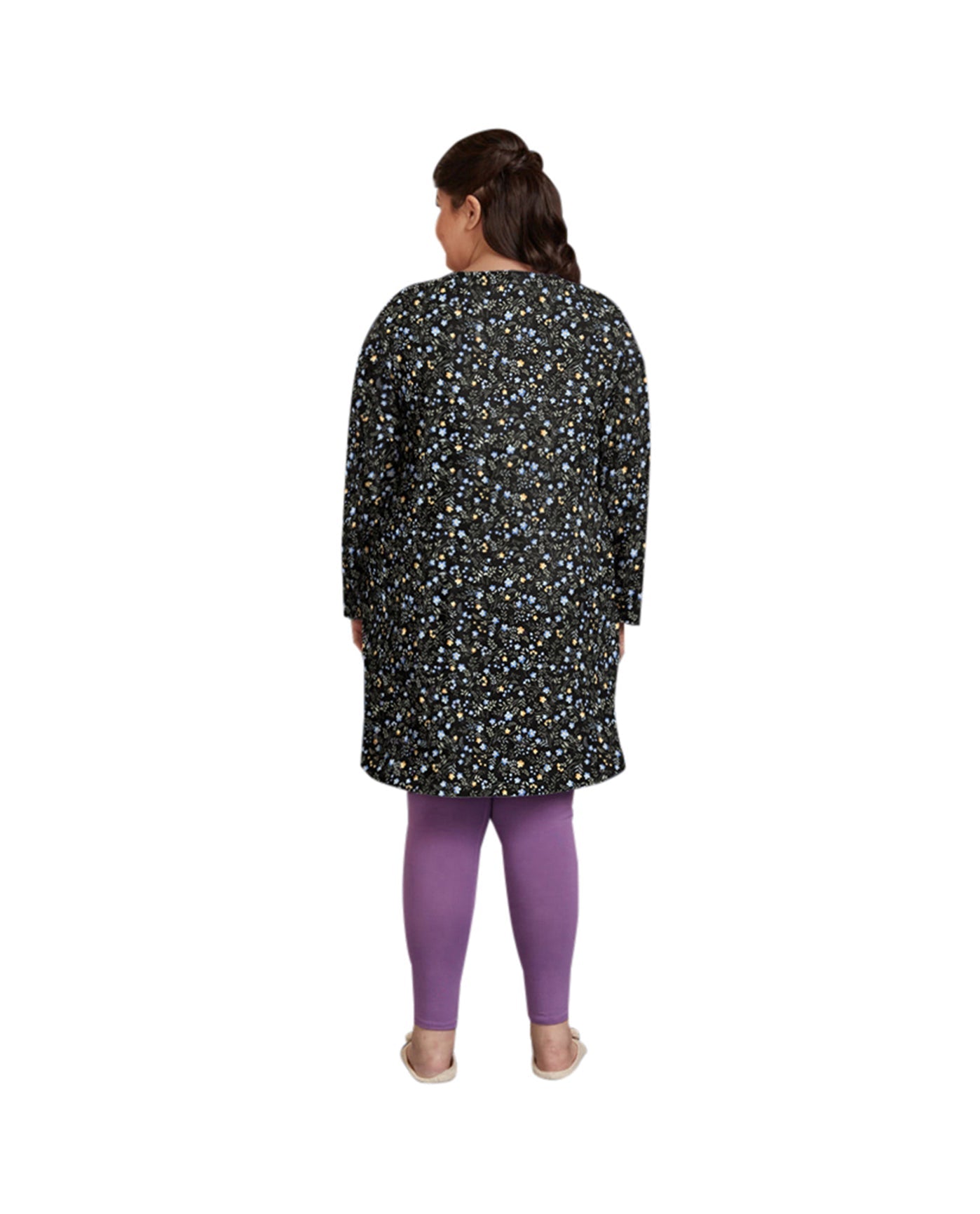 Back of 100% Cotton Long Sleeve Sleep Plus Size Top | 201 OTPS Black Ditsy Floral