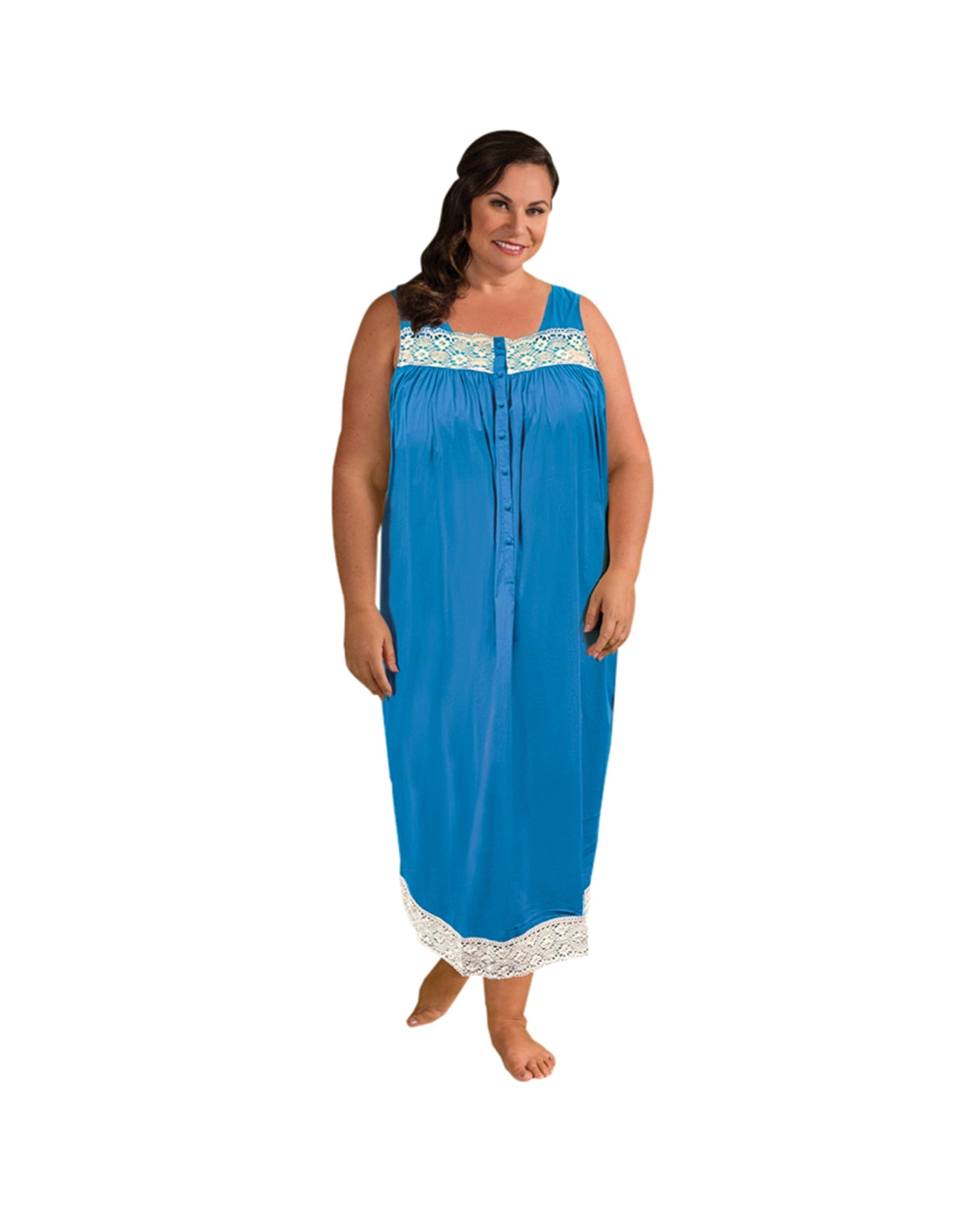 Front of Ultra Soft Lace Trim Sleeveless Plus Size Tank Nightgown | 035 OTPS Blue