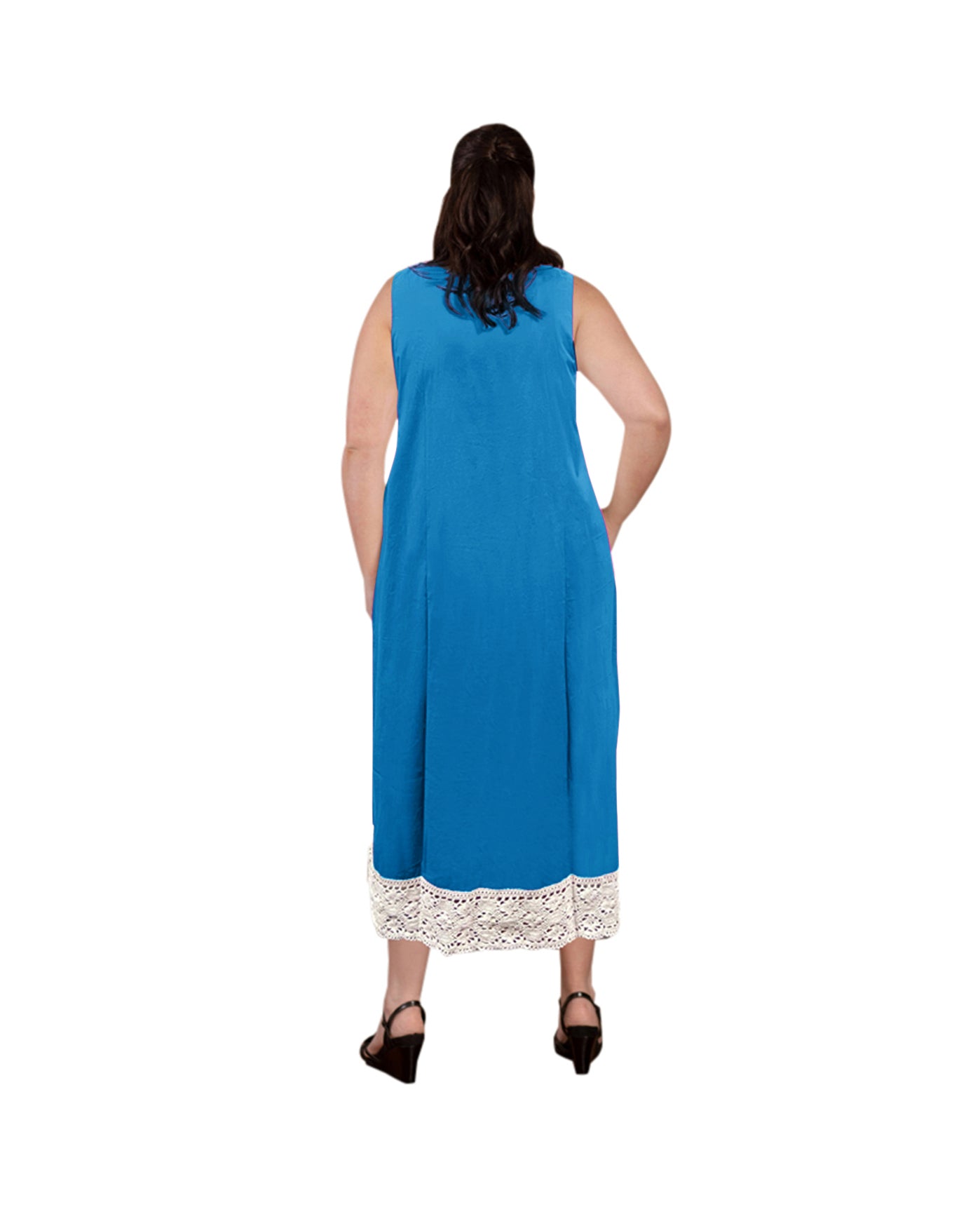 Back of Ultra Soft Lace Trim Sleeveless Plus Size Tank Nightgown | 035 OTPS Blue