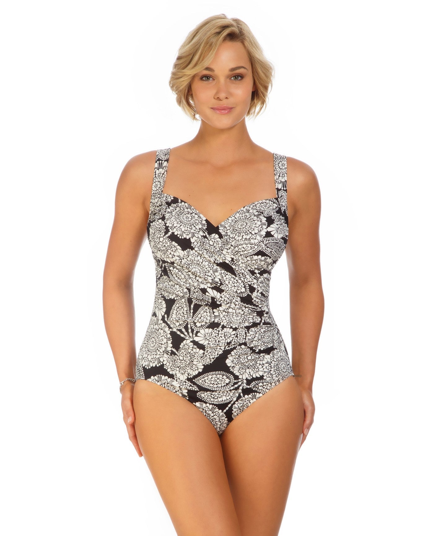 Front View of Shape Solver Lady Lace Surplice One Piece Swimsuit | SOL BLACK