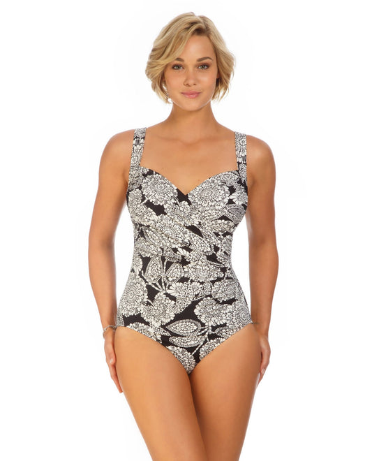 Front View of Shape Solver Lady Lace Surplice One Piece Swimsuit | SOL BLACK