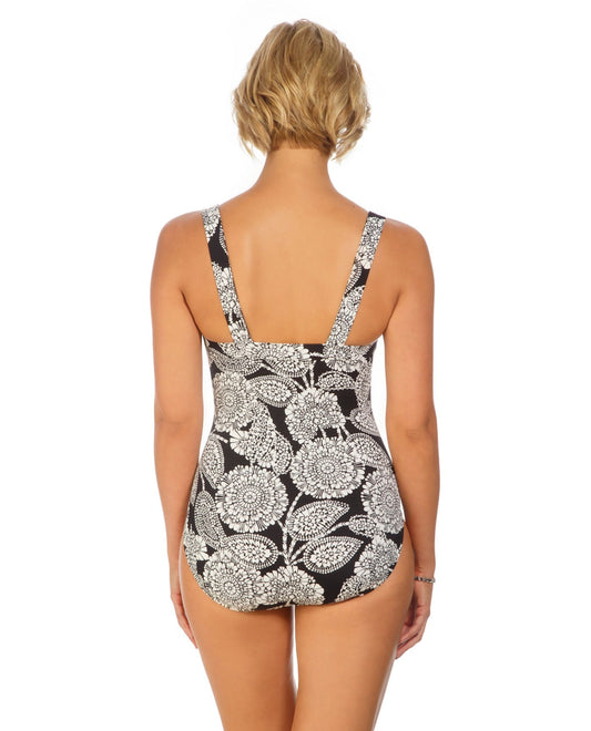 Back View of Shape Solver Lady Lace Surplice One Piece Swimsuit | SOL BLACK