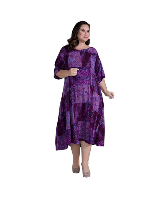 Front of Rayon Round Neck Short Sleeve Plus Size Ojai Dress | PHAZE OTPS Purple Haze