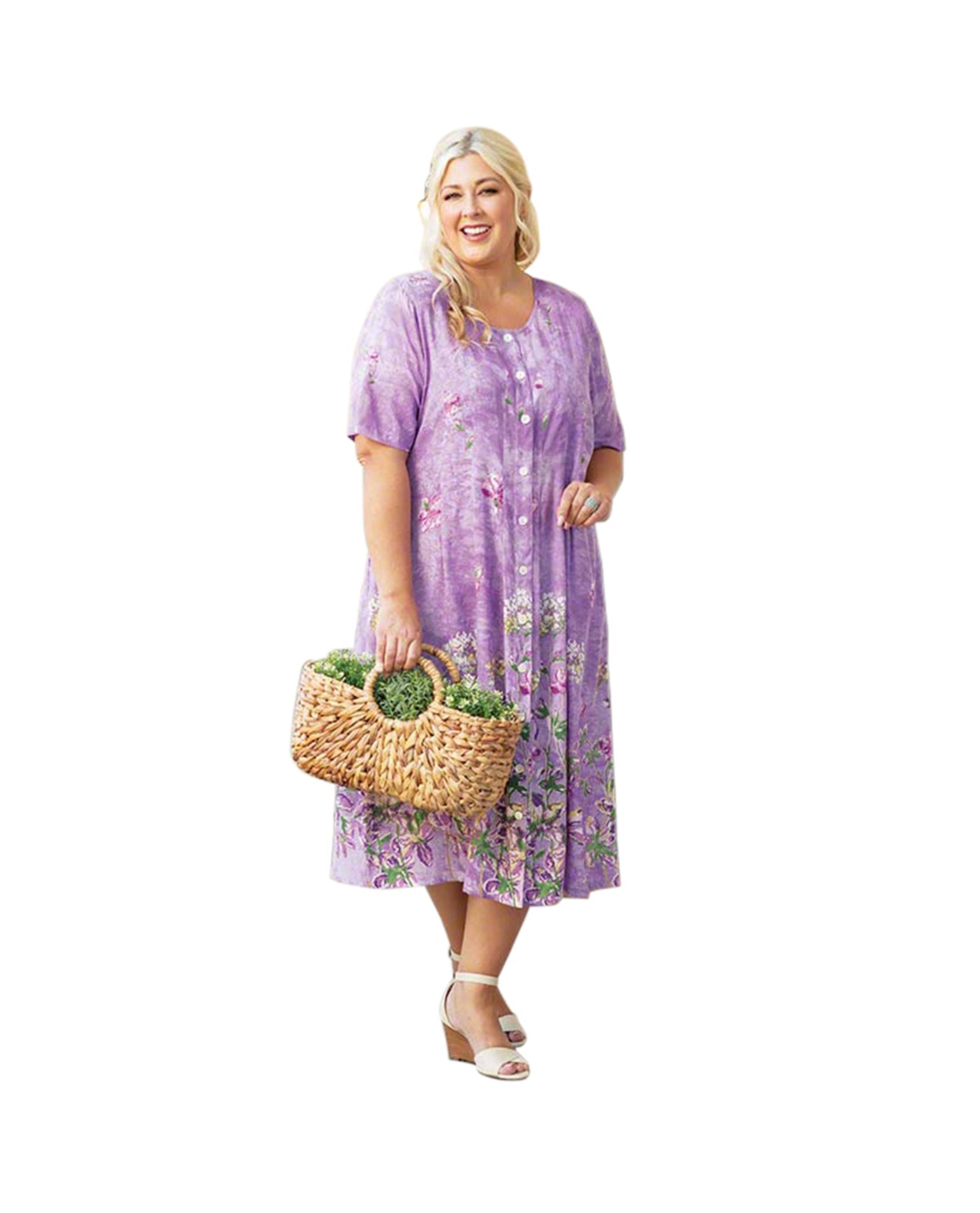 Front of Floral Print Short Sleeve Plus Size Dress | LAVEN OTPS Lavender