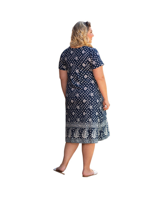 Back of Cotton Short Sleeve U-Neck Penelope Plus Size Dress | CHRBL OTPS Charleston Blue