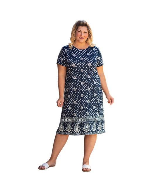 Front of Cotton Short Sleeve U-Neck Penelope Plus Size Dress | CHRBL OTPS Charleston Blue