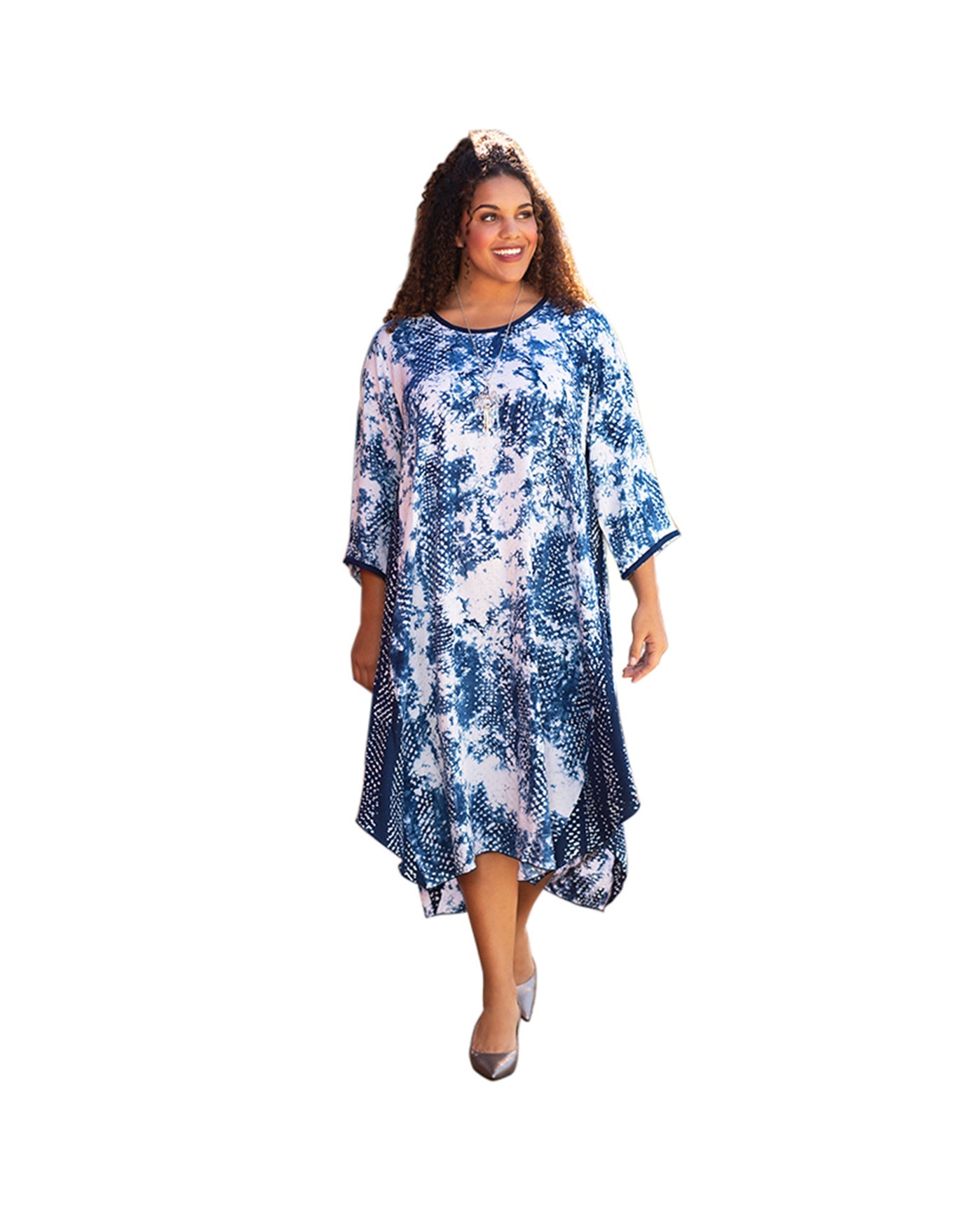 Front of Printed Rayon 3/4 Sleeve Round Neck Plus Size Edyth Dress | ARINY OTPS Ari Navy Dot