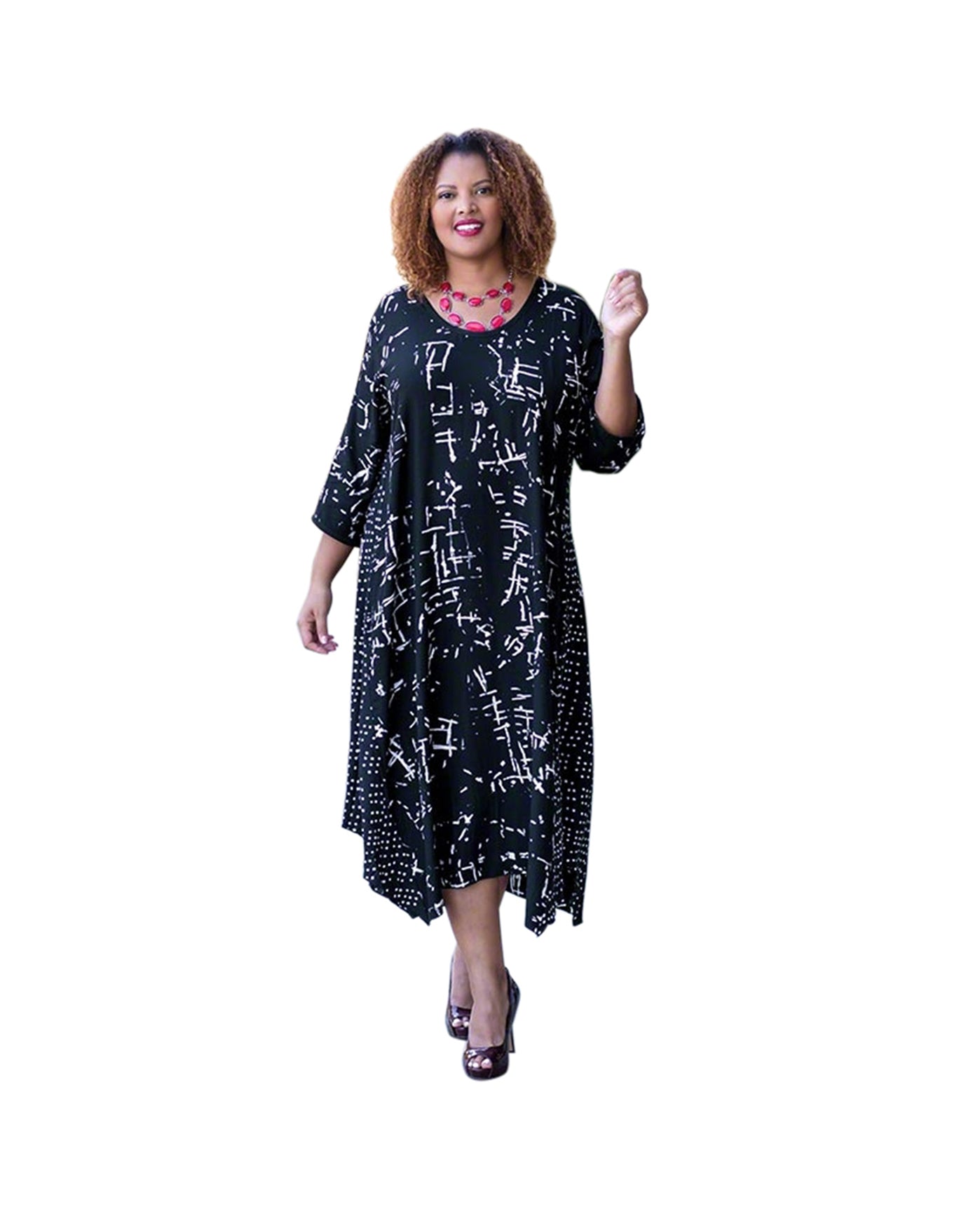 Front of Printed Rayon 3/4 Sleeve Round Neck Plus Size Edyth Dress | BLACK OTPS Black Batik