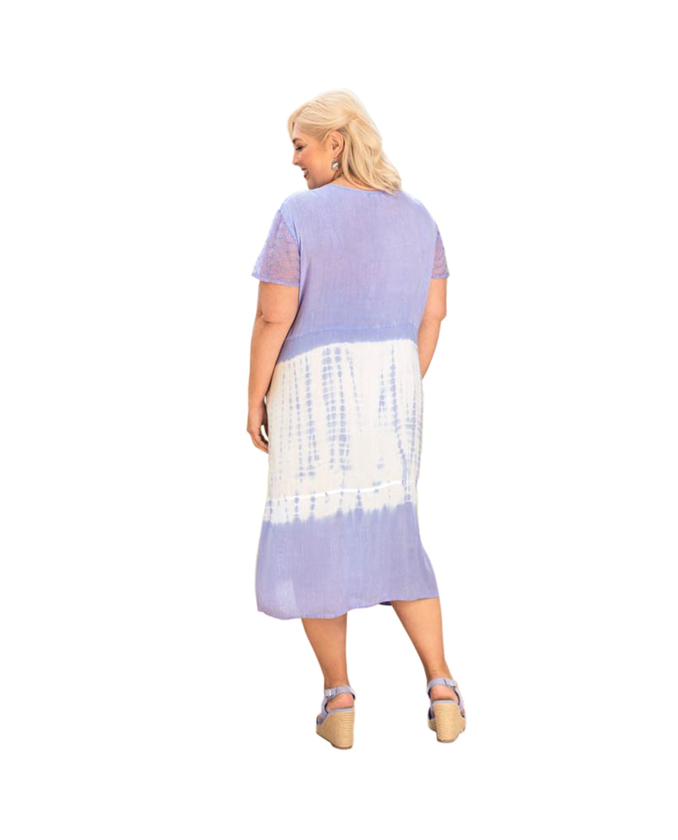 Back of Maeve Tie Dye Print Short Sleeve Cotton Rayon Plus Size Dress | IRIS OTPS Iris Tie Dye