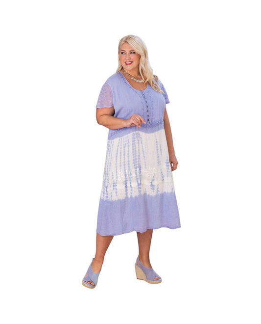 Front of Maeve Tie Dye Print Short Sleeve Cotton Rayon Plus Size Dress | IRIS OTPS Iris Tie Dye