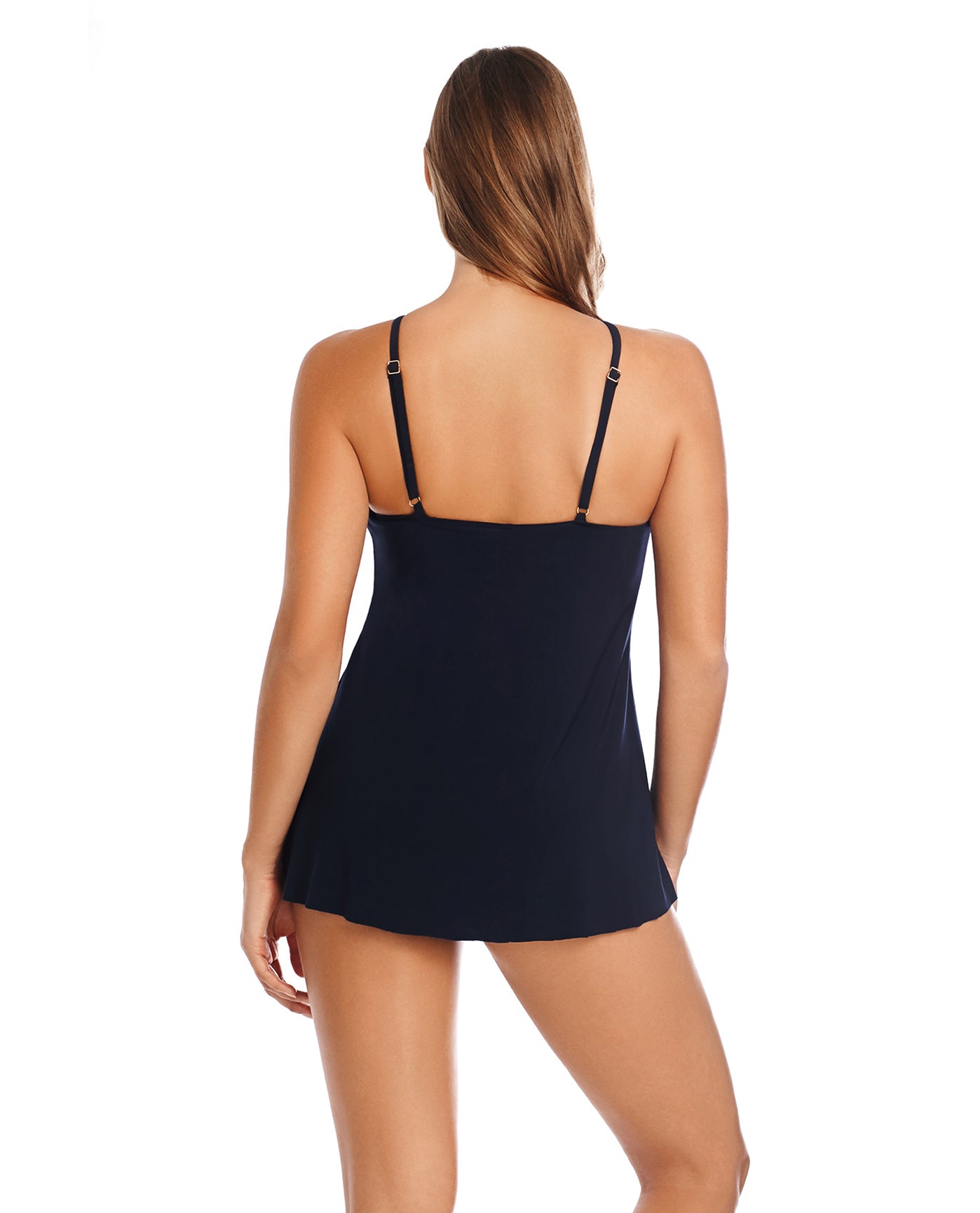 Back View of Magicsuit Navy Golden Opportunity Convertible Parker High Neck Underwire Swimdress | MAG NAVY
