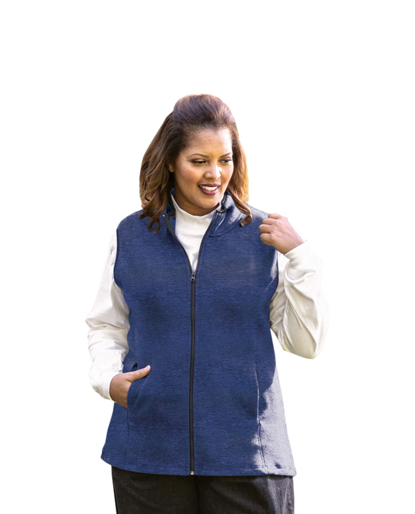 Front of Lyddie Sleeveless Zip Up Plus Size Fleece Vest | 011 OTPS Blue and Black