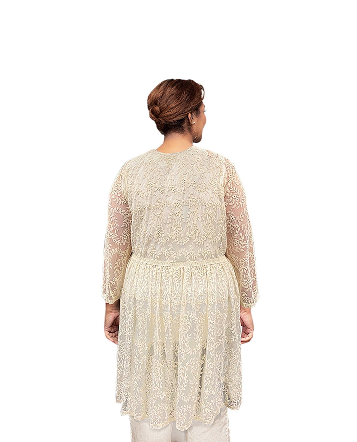 Back of Long Sleeve Mesh Lace Betty Plus Size Duster | 030 OTPS Beige Floral