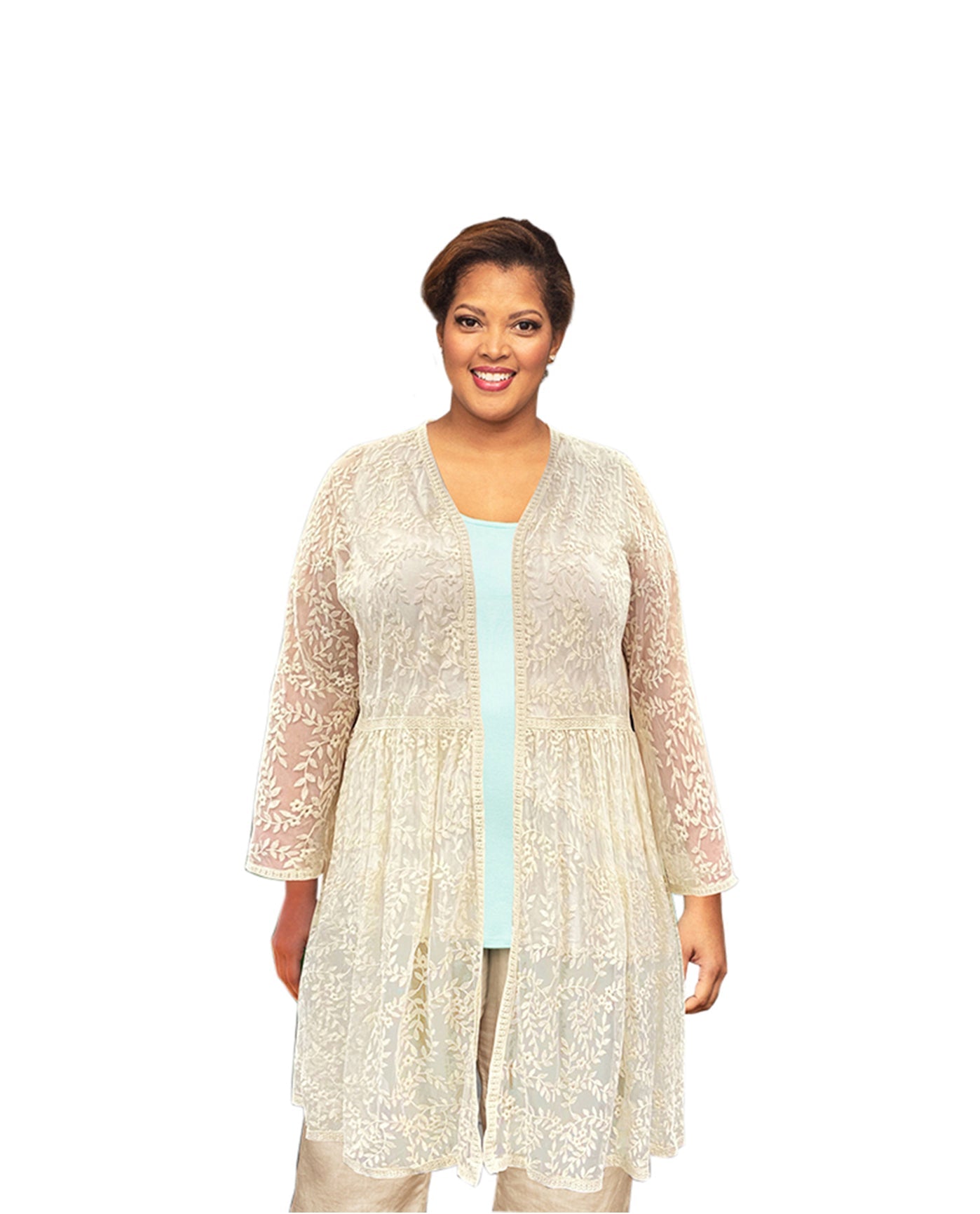 Front of Long Sleeve Mesh Lace Betty Plus Size Duster | 030 OTPS Beige Floral